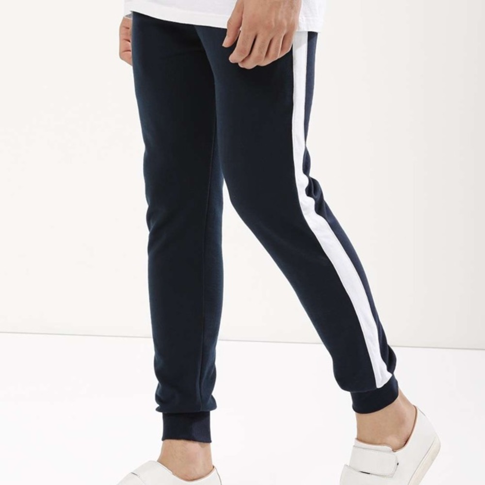 Blue joggers with white stripe